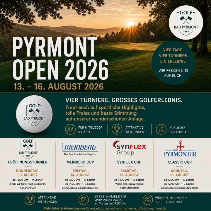 🏌️‍♂️ PYRMONT OPEN 2026 🏌️‍♀️ Vom 13. bis 16. August wird es wieder sportlich auf unserer Anlage! Vier Tage, vier…
